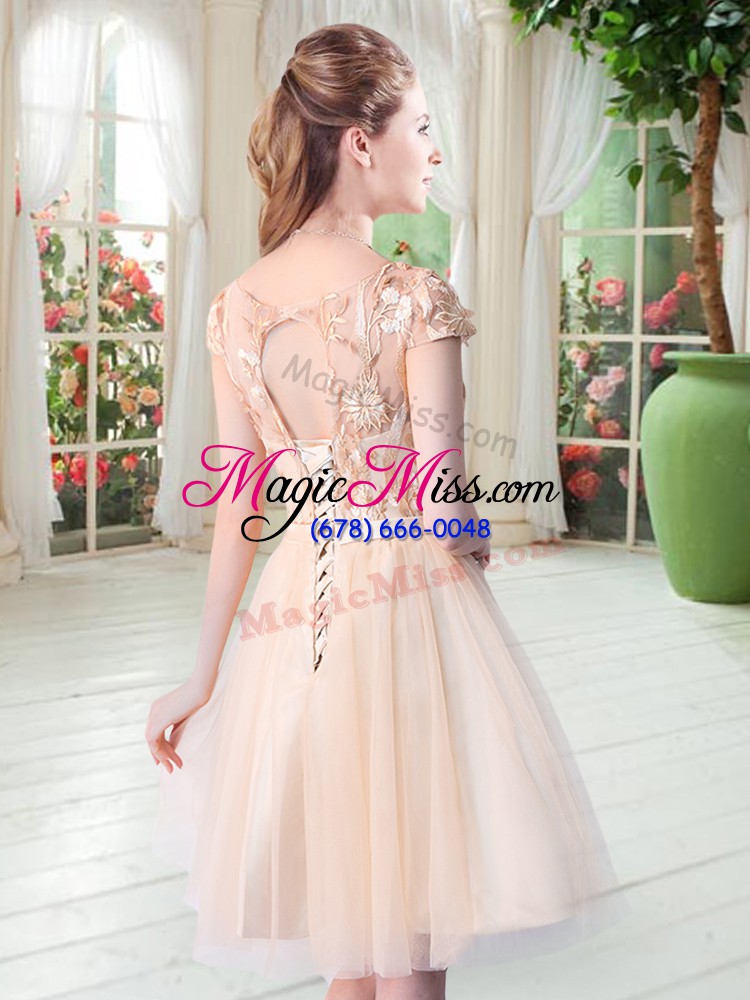 wholesale superior mini length champagne evening dress tulle short sleeves appliques