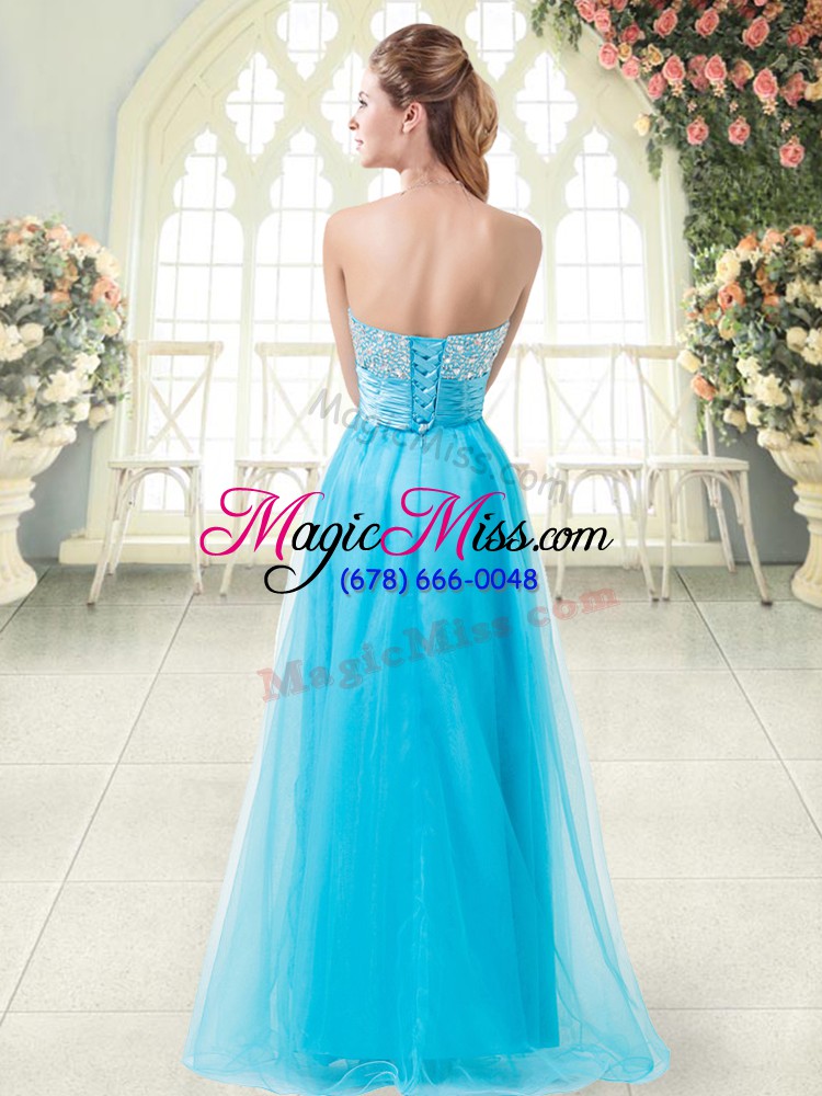 wholesale sleeveless floor length beading lace up evening dress with aqua blue
