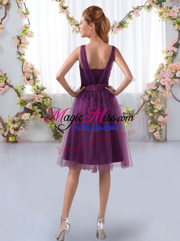 wholesale luxurious knee length purple bridesmaid gown v-neck sleeveless zipper
