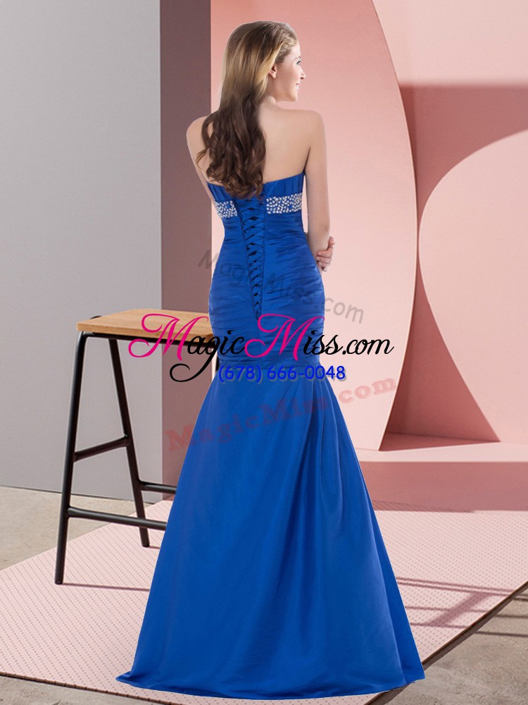 wholesale blue lace up dress for prom beading and ruching sleeveless floor length