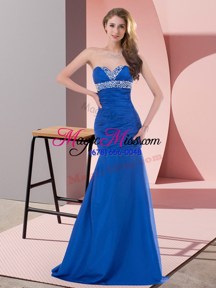 wholesale blue lace up dress for prom beading and ruching sleeveless floor length