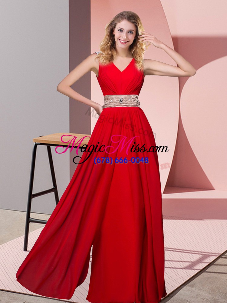 wholesale floor length red evening dress v-neck sleeveless lace up