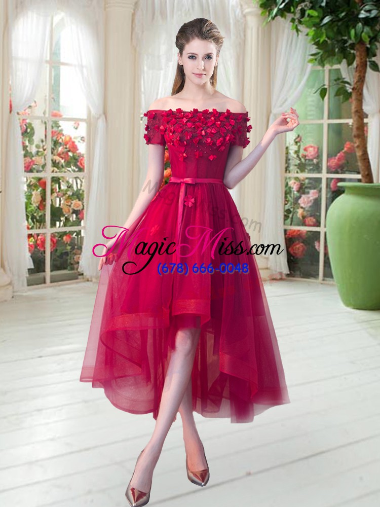 wholesale red prom and party with appliques off the shoulder short sleeves lace up