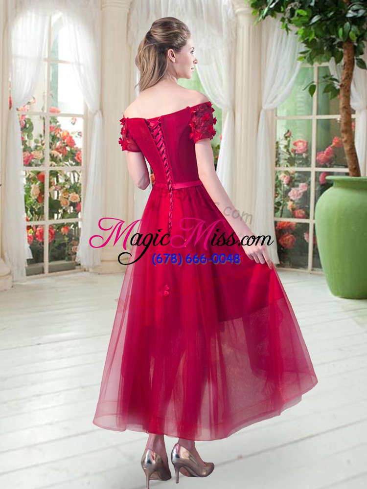 wholesale a-line prom dresses royal blue off the shoulder tulle short sleeves high low lace up