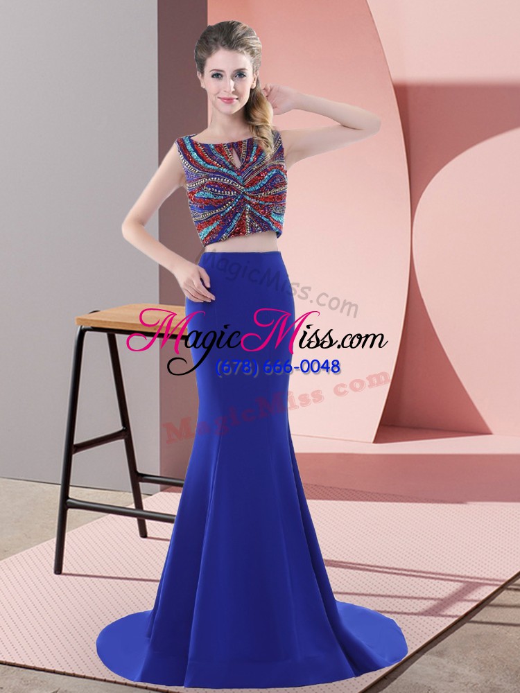 wholesale superior satin scoop sleeveless sweep train lace up beading formal evening gowns in royal blue