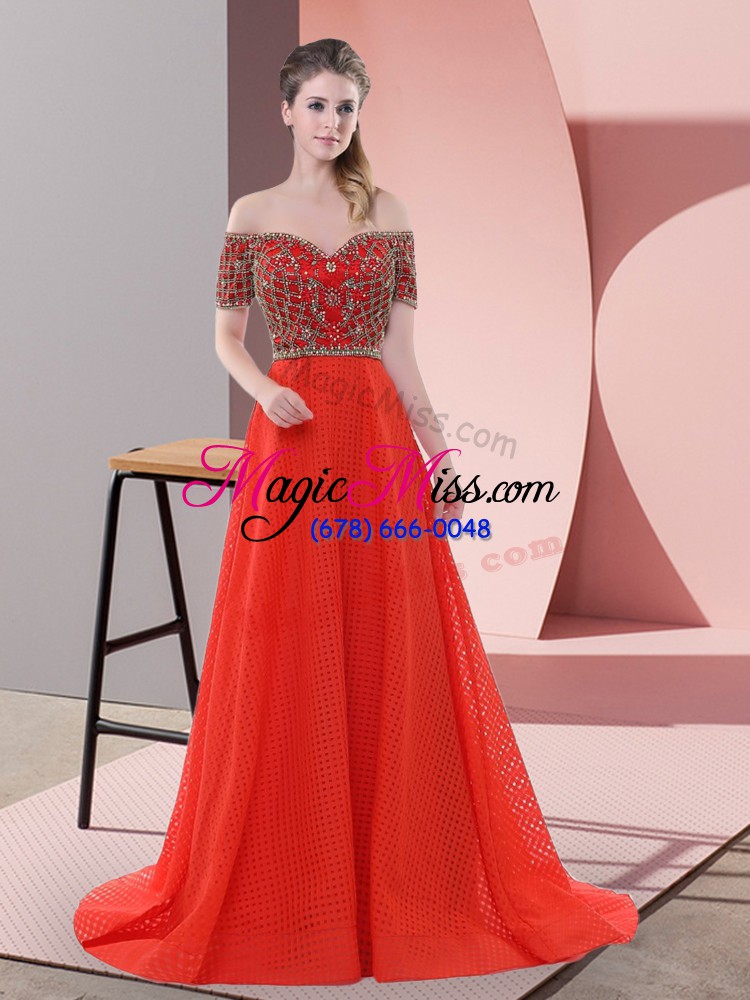 wholesale wonderful sweep train a-line prom gown red off the shoulder short sleeves lace up