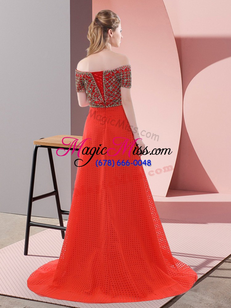 wholesale wonderful sweep train a-line prom gown red off the shoulder short sleeves lace up