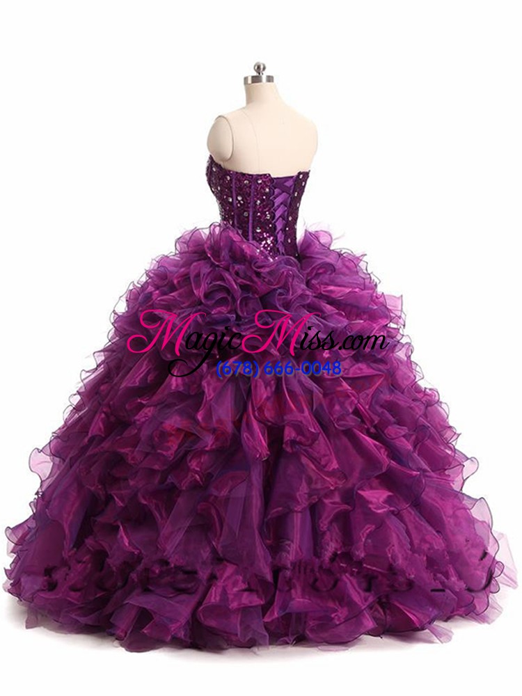 wholesale modest purple organza lace up ball gown prom dress sleeveless floor length beading and ruffles