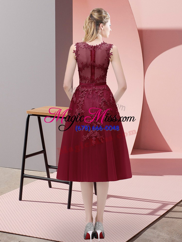 wholesale exquisite beading and lace and appliques prom dress burgundy lace up sleeveless tea length