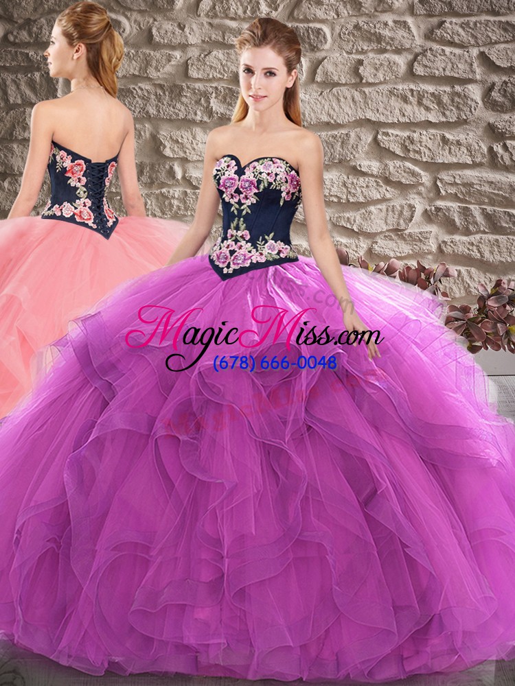 wholesale cute purple three pieces beading and embroidery vestidos de quinceanera lace up tulle sleeveless floor length