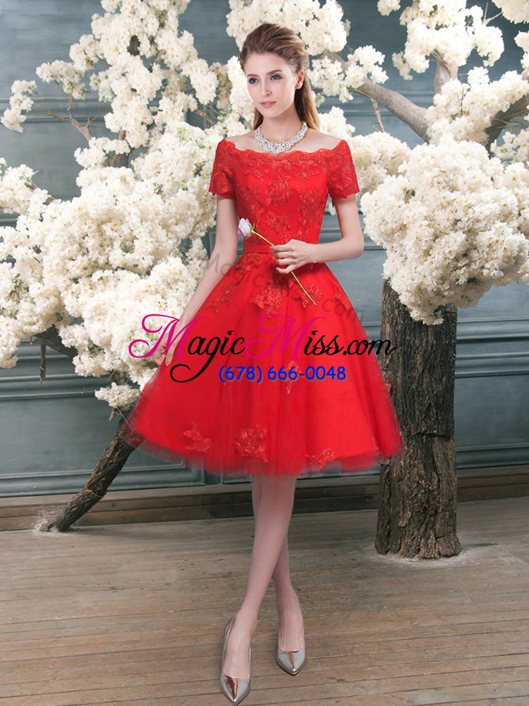 wholesale extravagant red tulle lace up off the shoulder short sleeves knee length prom party dress lace