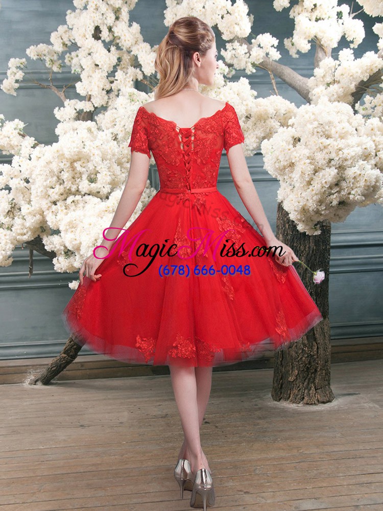 wholesale extravagant red tulle lace up off the shoulder short sleeves knee length prom party dress lace