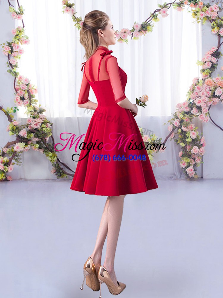 wholesale pretty red a-line satin high-neck half sleeves ruching knee length zipper quinceanera court of honor dress