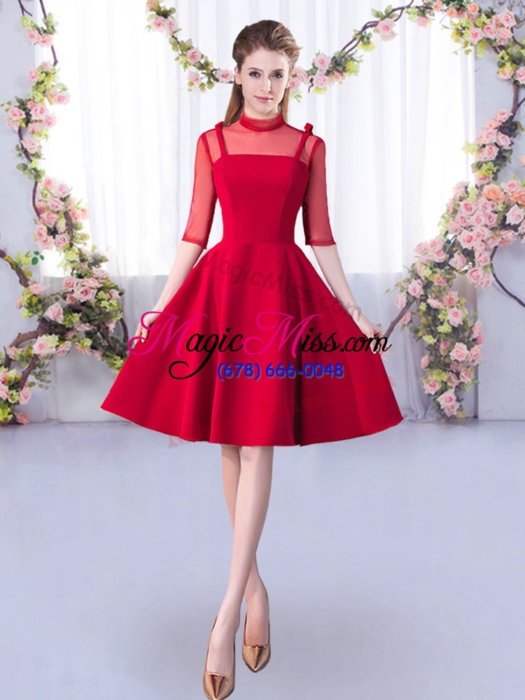 wholesale pretty red a-line satin high-neck half sleeves ruching knee length zipper quinceanera court of honor dress