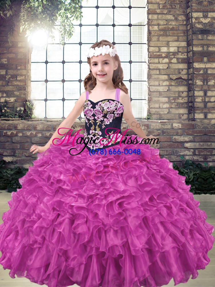 wholesale fuchsia lace up straps embroidery and ruffled layers kids pageant dress organza sleeveless