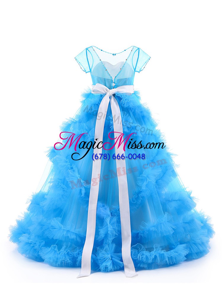 wholesale v-neck short sleeves backless little girl pageant gowns baby blue tulle
