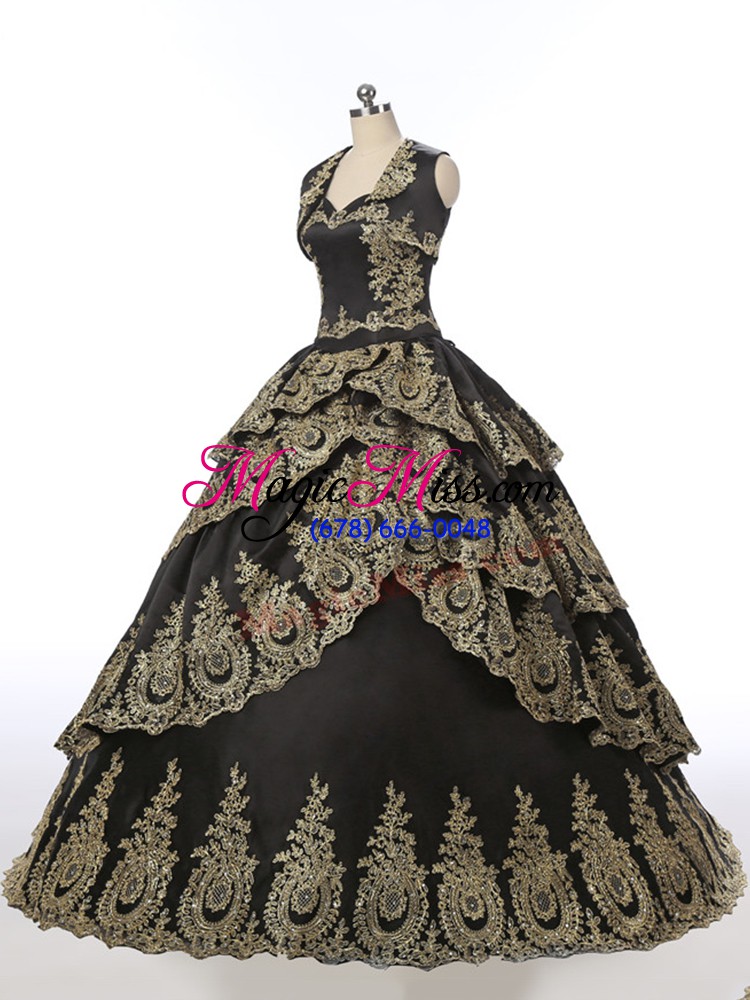 wholesale fashionable floor length lace up sweet 16 dresses black for military ball and sweet 16 and quinceanera with embroidery