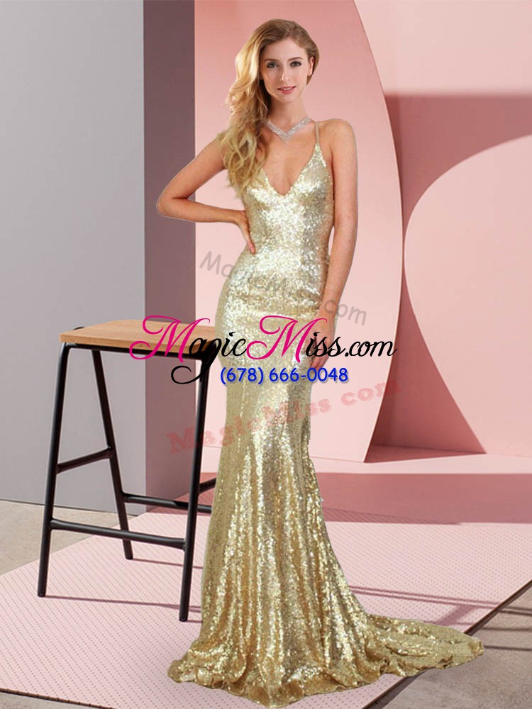 wholesale gold sleeveless sweep train ruching prom evening gown