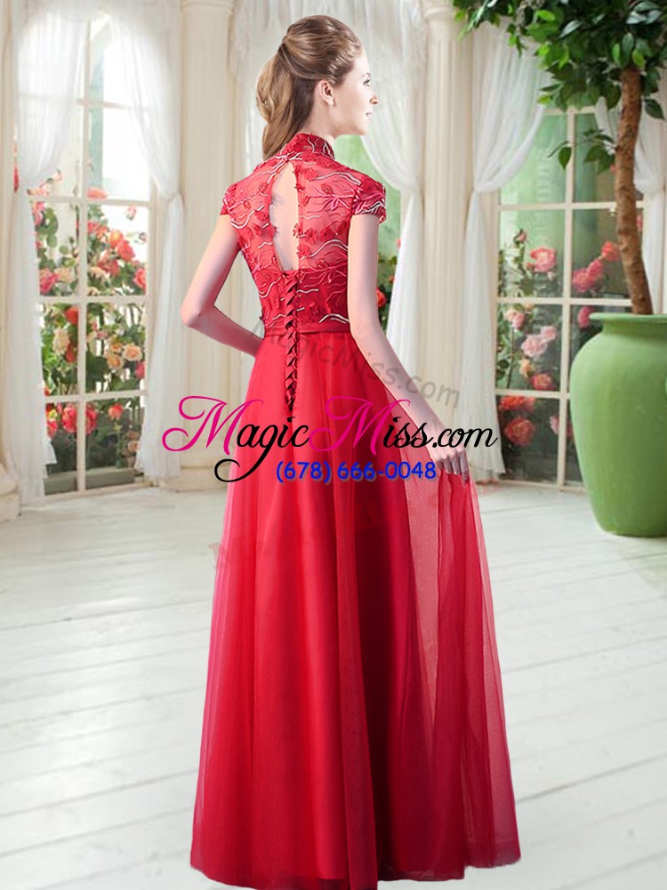 wholesale high quality short sleeves lace up floor length lace prom gown