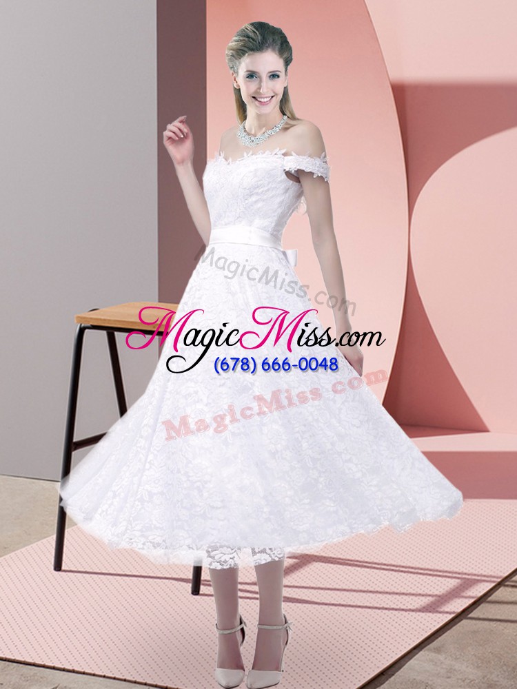 wholesale lace sleeveless tea length dress for prom and belt
