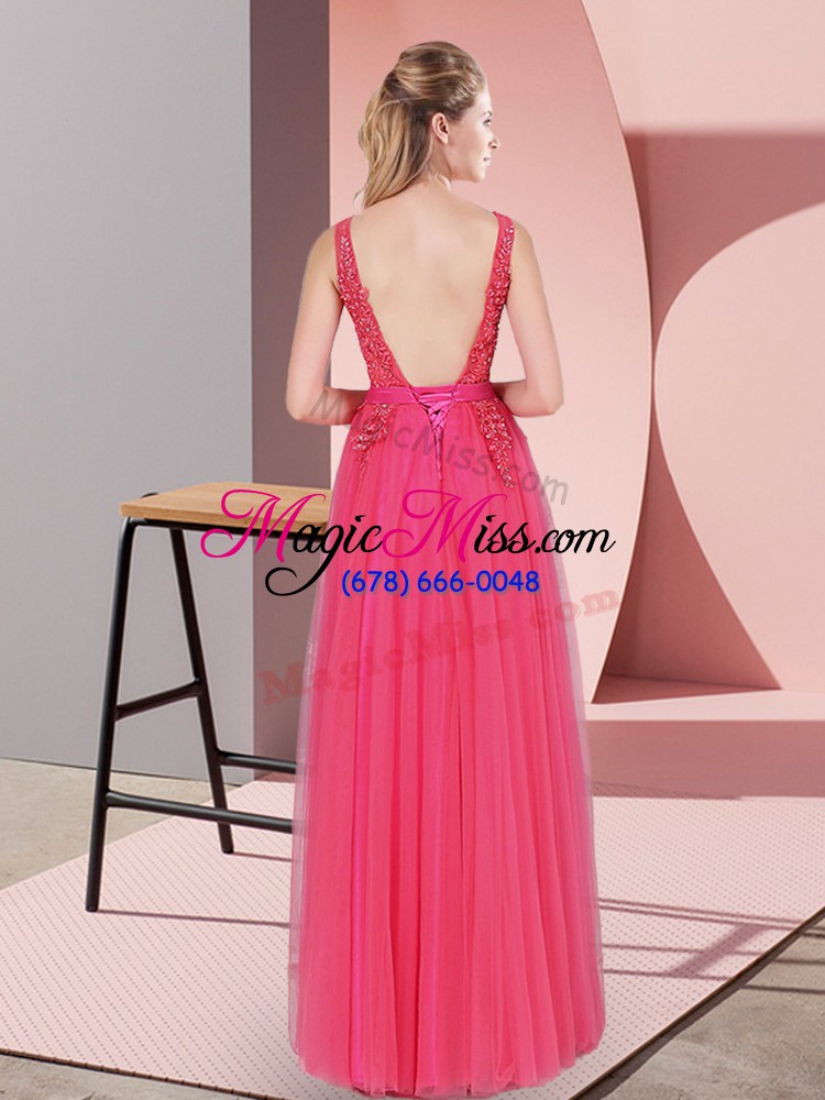 wholesale high quality hot pink sleeveless floor length lace backless homecoming dress