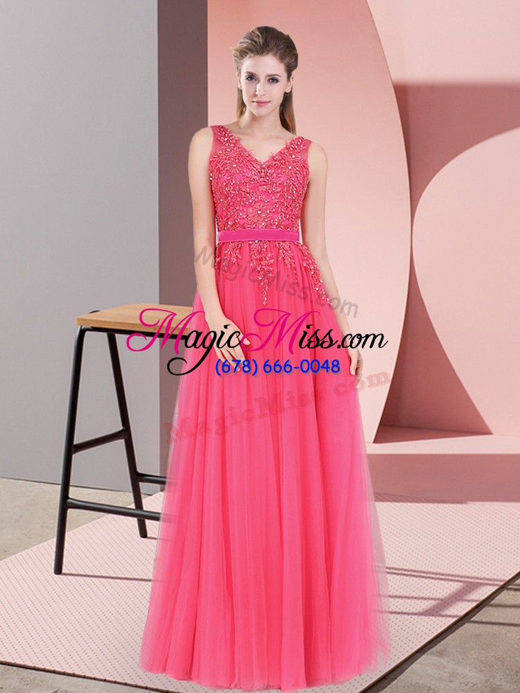 wholesale high quality hot pink sleeveless floor length lace backless homecoming dress