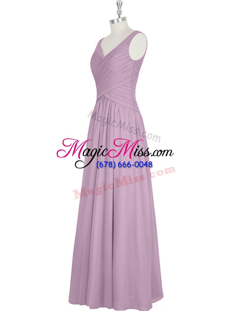 wholesale captivating purple chiffon zipper v-neck sleeveless floor length juniors evening dress ruching