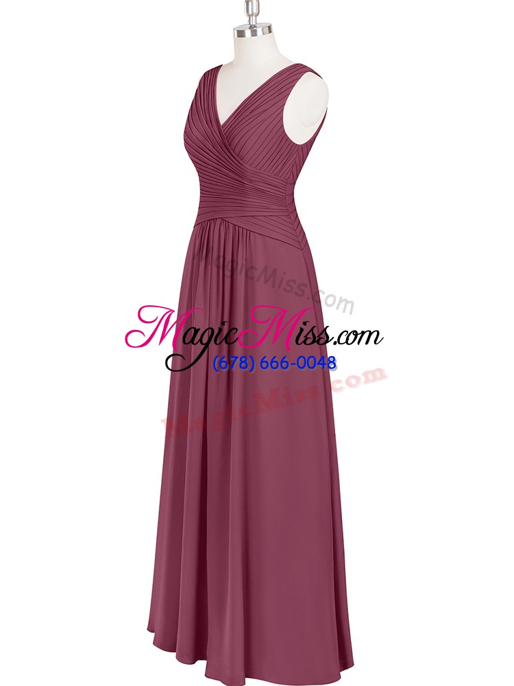 wholesale burgundy sleeveless floor length ruching zipper prom evening gown