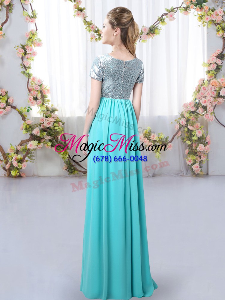 wholesale romantic blue empire scoop short sleeves chiffon floor length zipper sequins bridesmaid gown