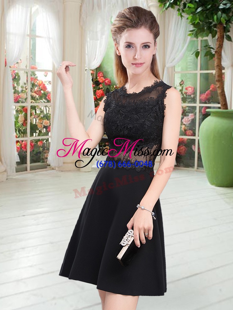 wholesale excellent scalloped sleeveless prom party dress mini length lace black satin