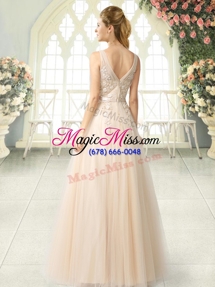 wholesale attractive champagne a-line appliques prom party dress zipper tulle sleeveless floor length