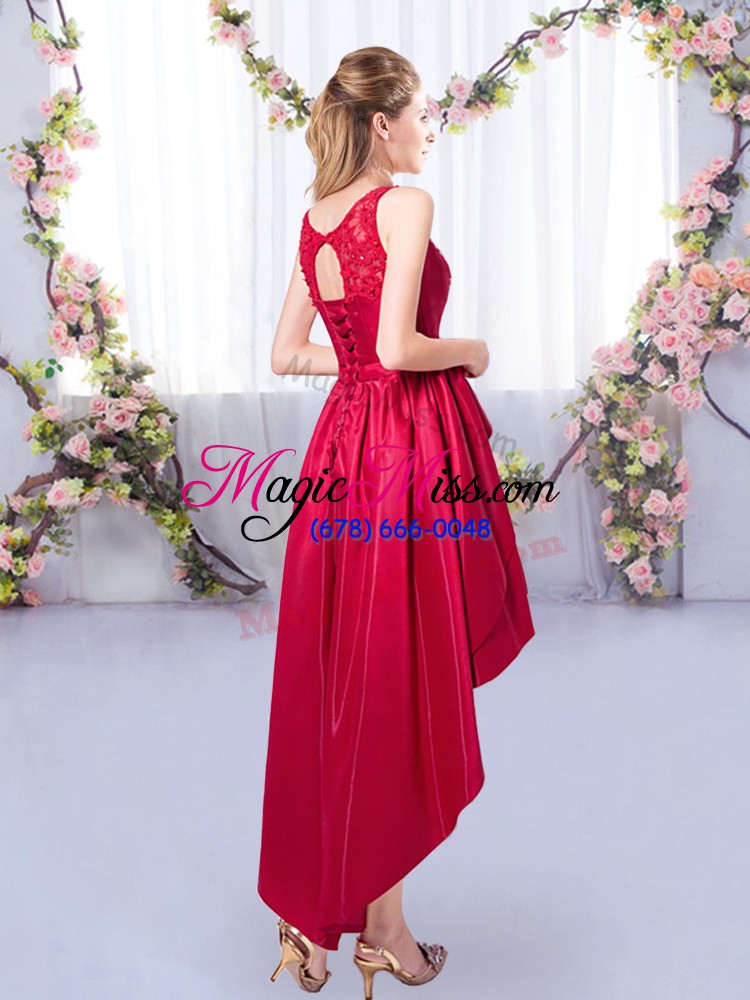 wholesale scoop sleeveless lace up wedding party dress red satin