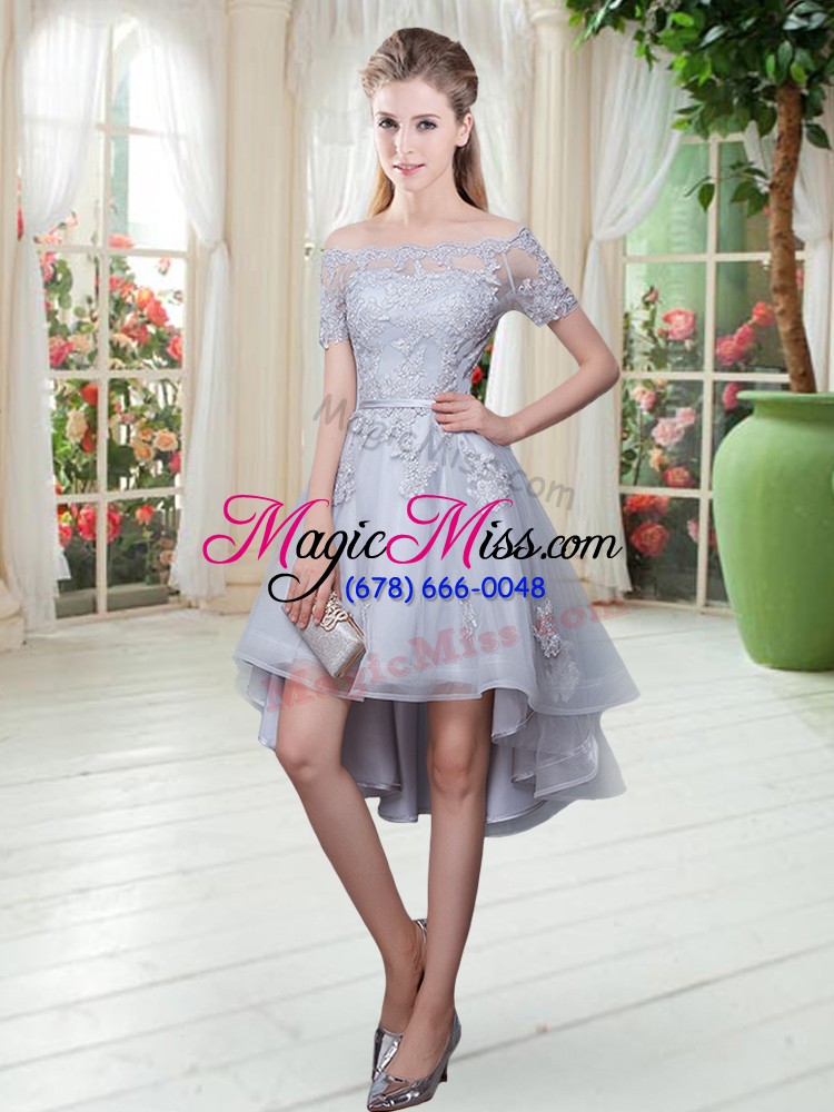 wholesale appliques prom dress grey lace up short sleeves high low