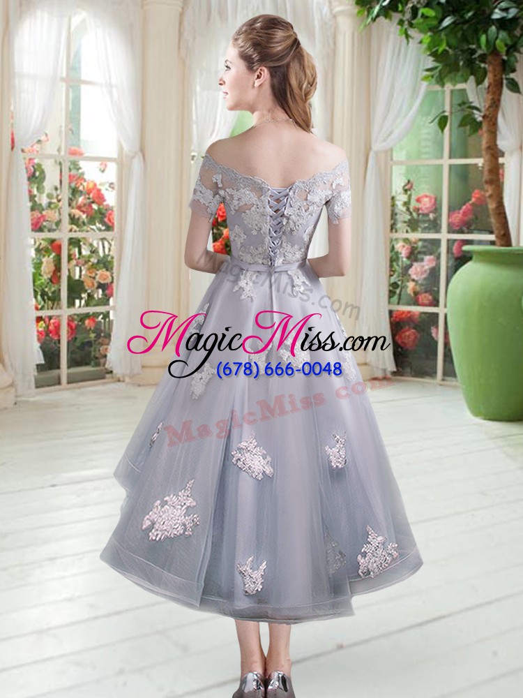 wholesale cute cap sleeves lace up high low appliques prom gown