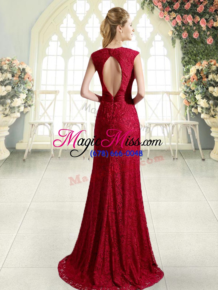 wholesale most popular sleeveless lace backless evening party dresses with red sweep train