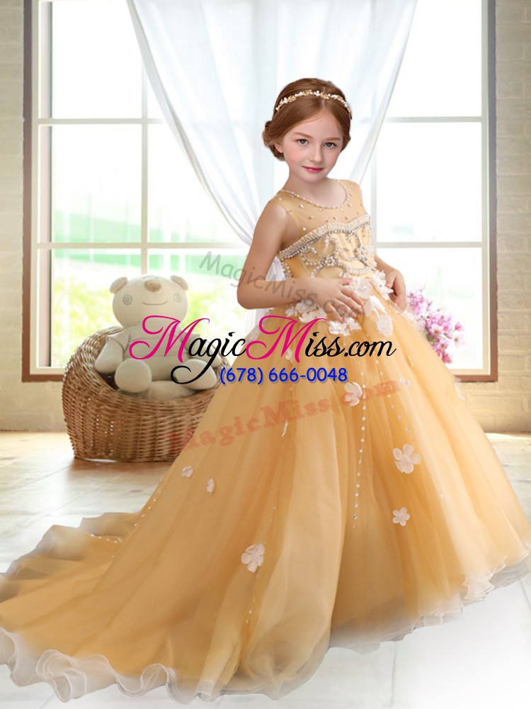 wholesale gold scoop neckline beading and appliques kids formal wear sleeveless zipper