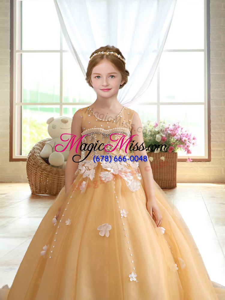 wholesale gold scoop neckline beading and appliques kids formal wear sleeveless zipper