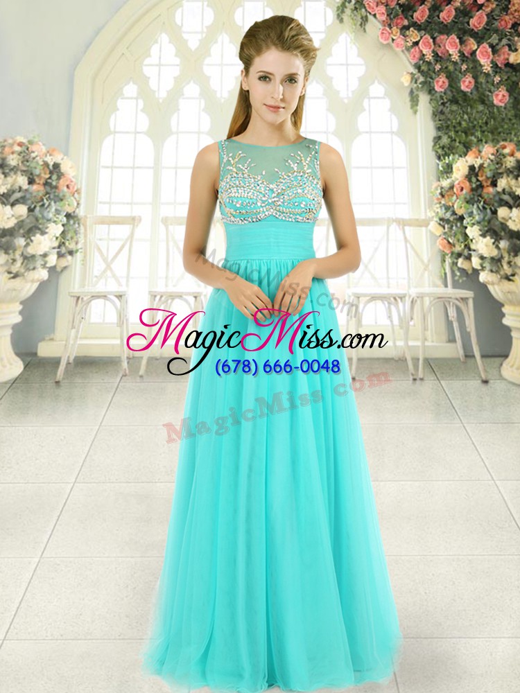 wholesale smart aqua blue empire tulle scoop sleeveless beading floor length backless prom dresses