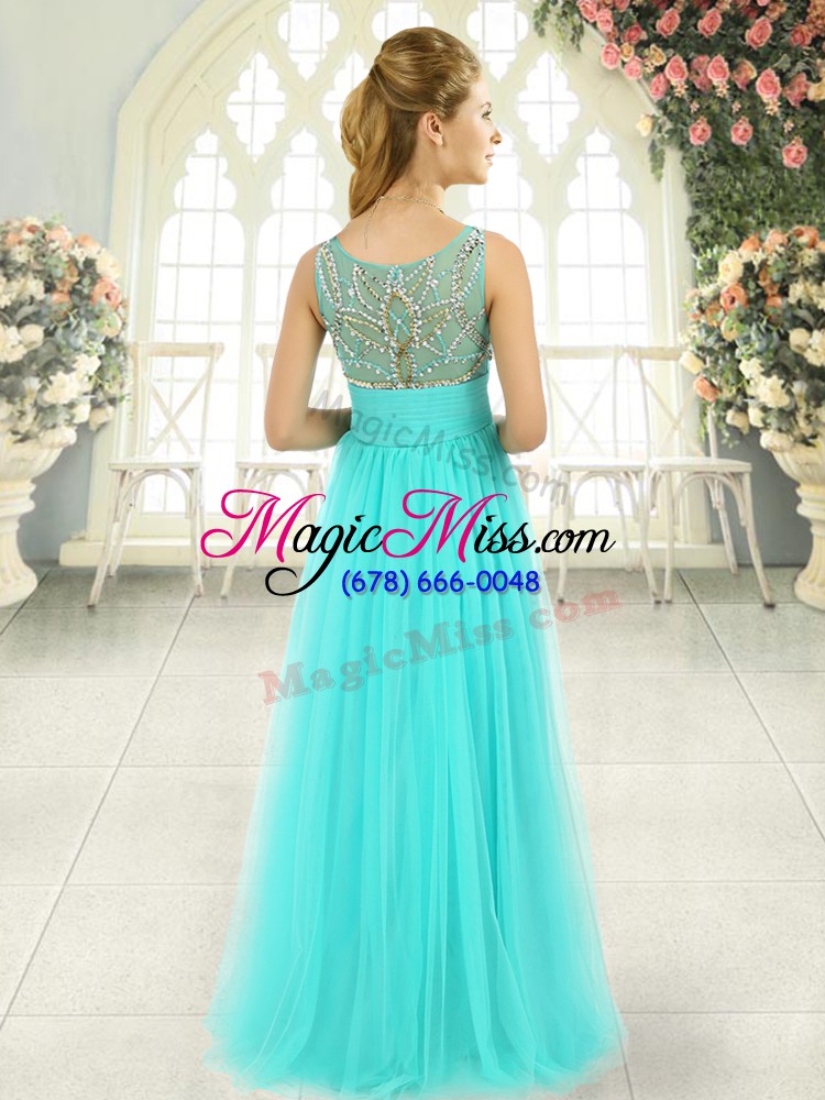 wholesale smart aqua blue empire tulle scoop sleeveless beading floor length backless prom dresses
