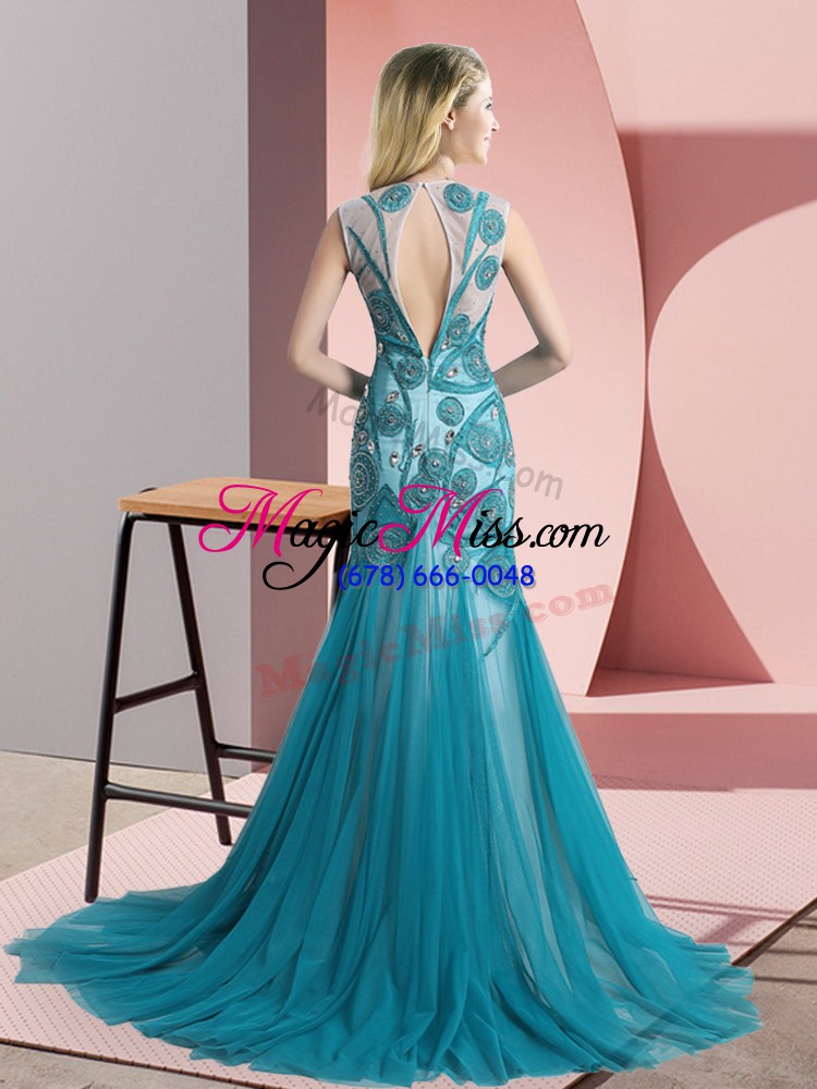 wholesale most popular scoop sleeveless tulle prom dress beading and appliques sweep train backless