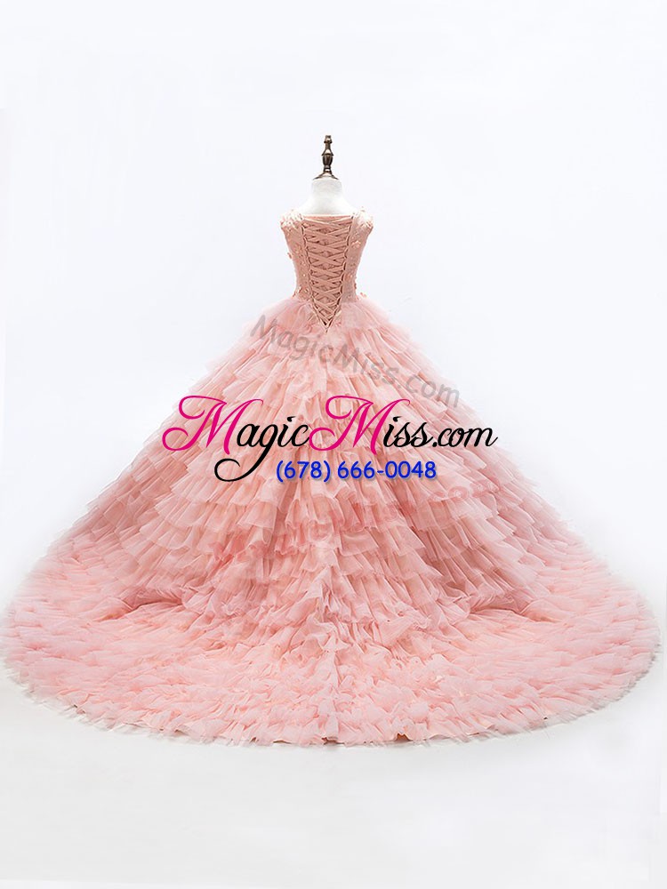 wholesale beautiful pink sleeveless beading and ruffled layers lace up kids pageant dress