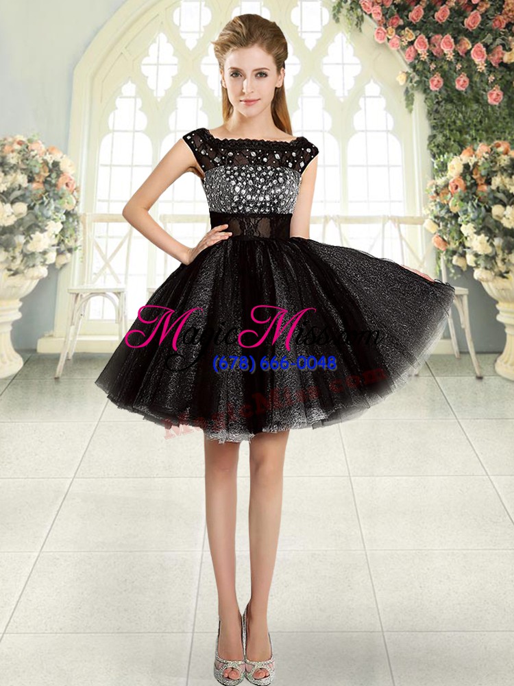 wholesale sleeveless tulle mini length zipper prom party dress in black with beading