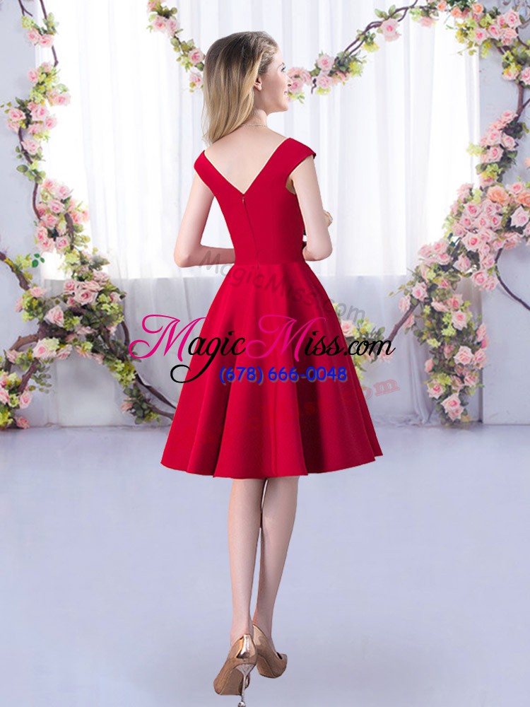 wholesale custom design red a-line ruching bridesmaid dress zipper satin cap sleeves knee length