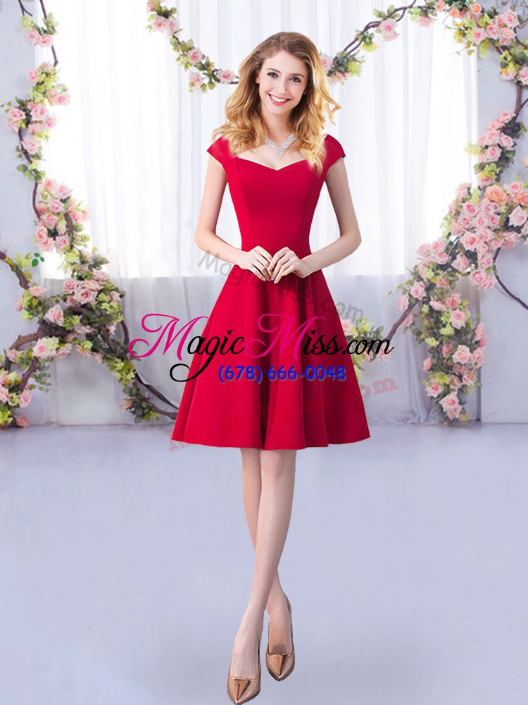 wholesale custom design red a-line ruching bridesmaid dress zipper satin cap sleeves knee length