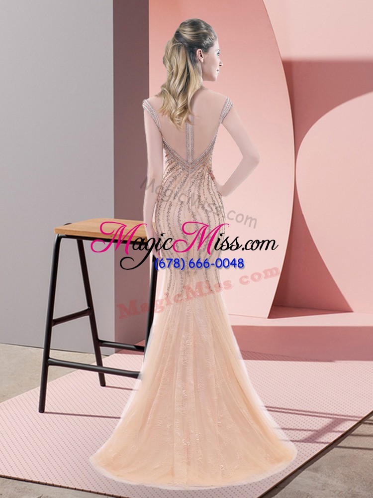 wholesale cap sleeves sweep train zipper beading prom gown