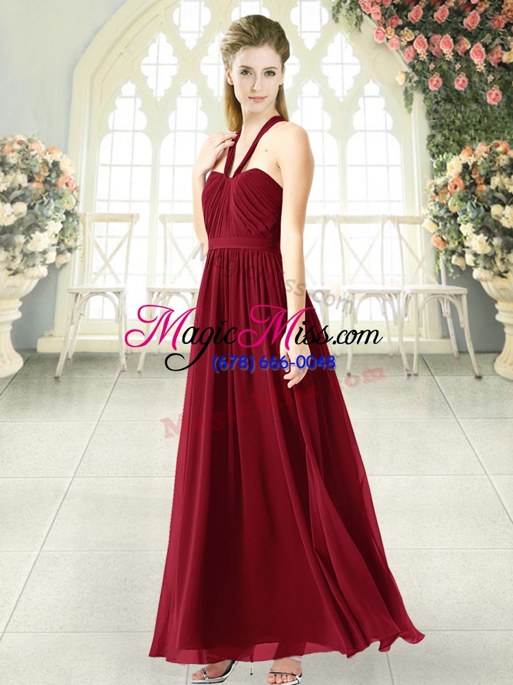 wholesale luxury floor length backless prom party dress burgundy for prom and party with ruching