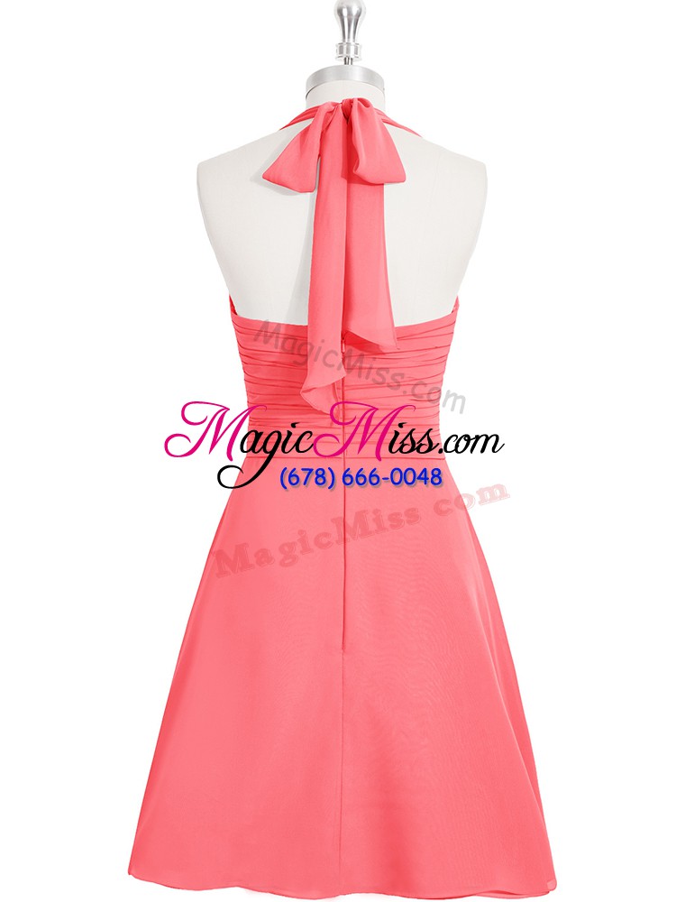 wholesale sophisticated watermelon red a-line halter top sleeveless chiffon mini length zipper ruching prom dress