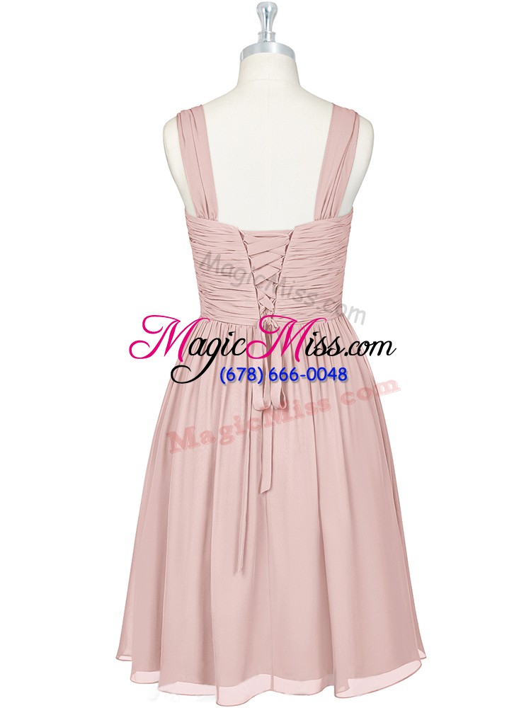wholesale flare pink straps neckline ruching prom dress sleeveless lace up