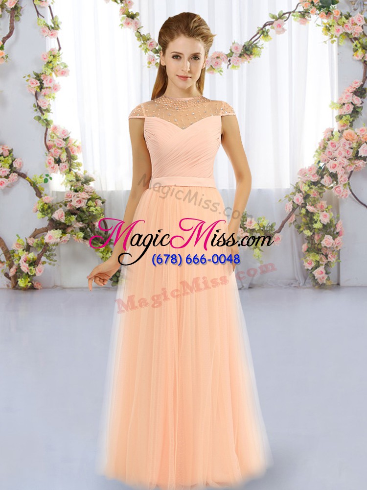 wholesale fine peach empire beading vestidos de damas zipper tulle cap sleeves floor length