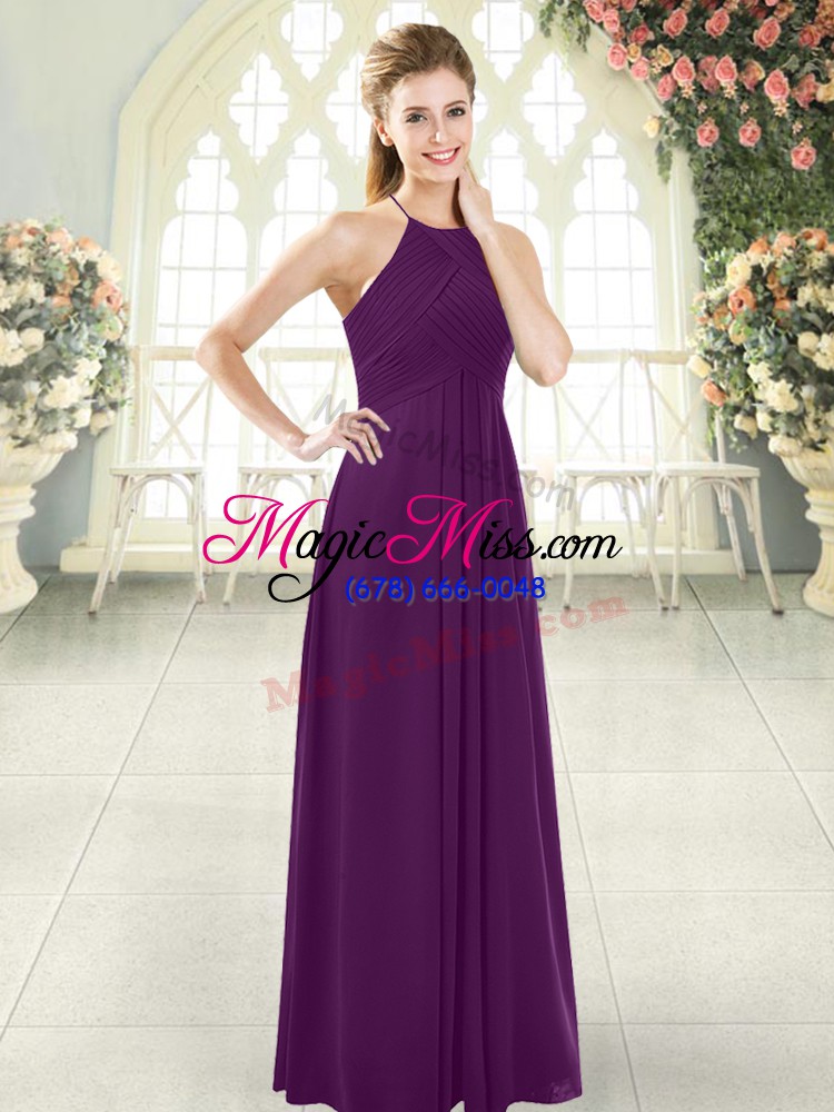 wholesale sleeveless chiffon floor length zipper prom dresses in purple with ruching